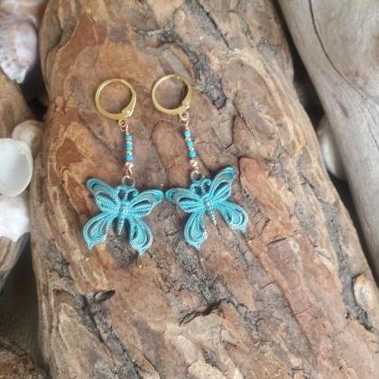 Brass Patina Butterfly Earrings With Turquoise..