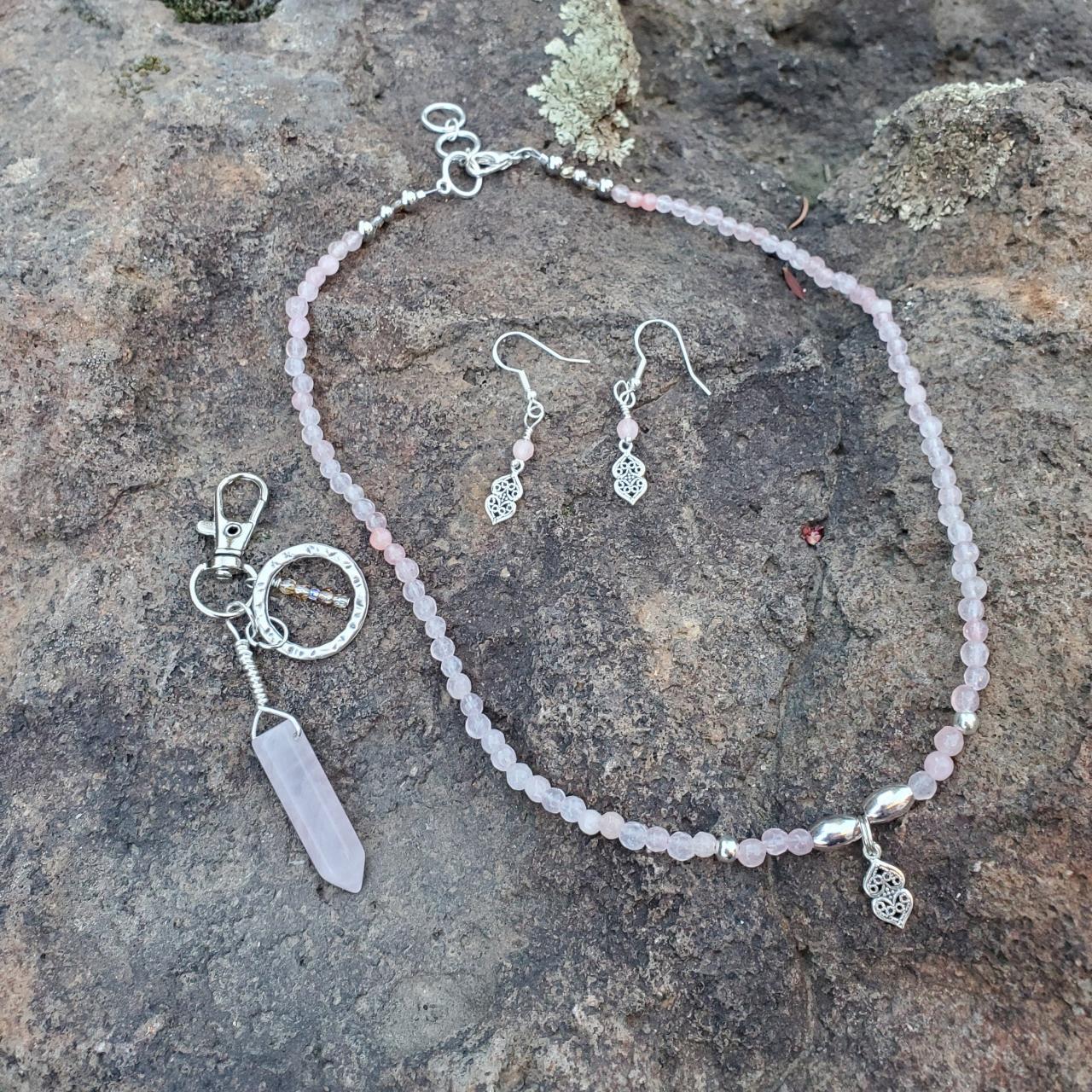 Rose Quartz Natural Healing Gemstone Necklace And Keychain Set With All Sterling Silver Charms And Beads