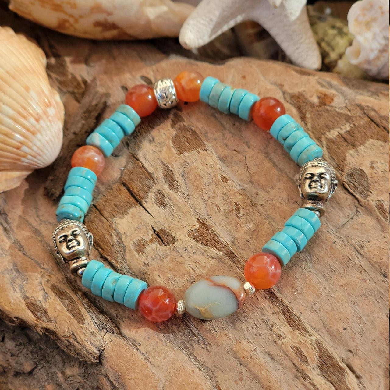 Turquoise, Red Dragon Vein Agate And Serpentine Natural Healing Gemstone Bracelet
