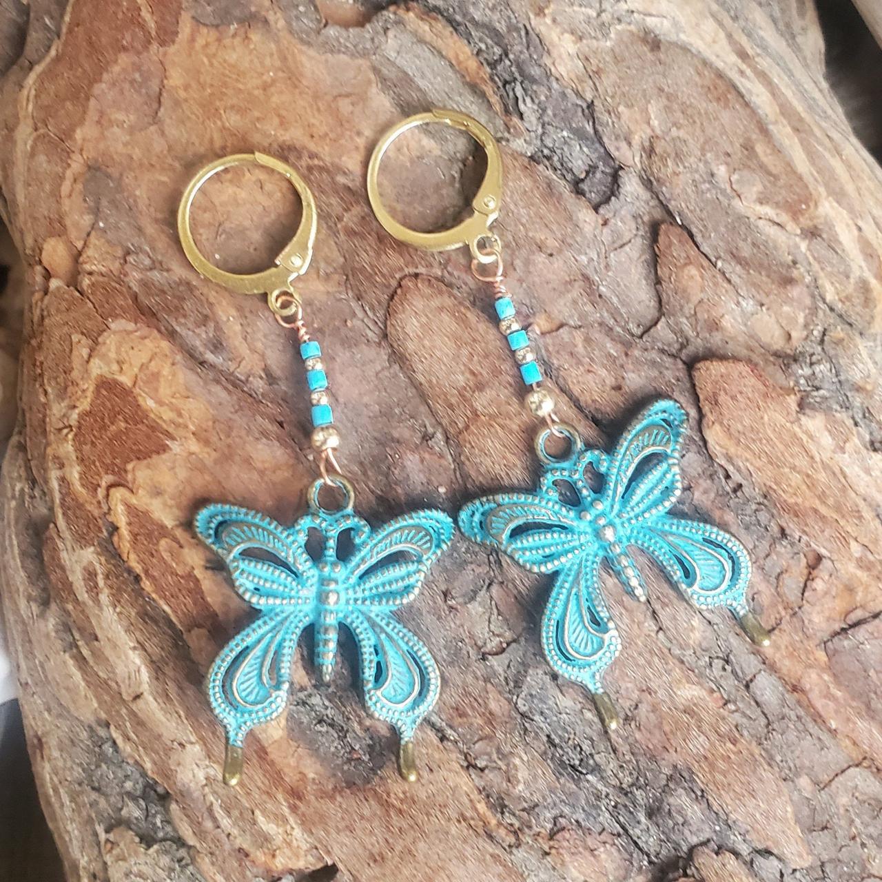 Brass Patina Butterfly Earrings With Turquoise Natural Healing Gemstones And Lever Back Wires