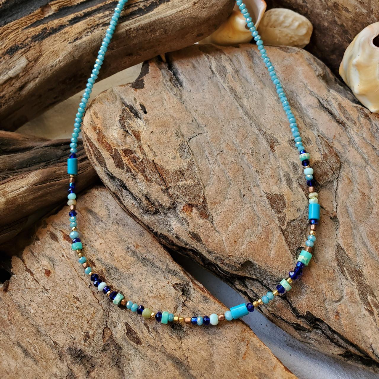 Turquoise, Amazonite, Impression Jasper Natural Healing Gemstone Necklace 18 Inches Long