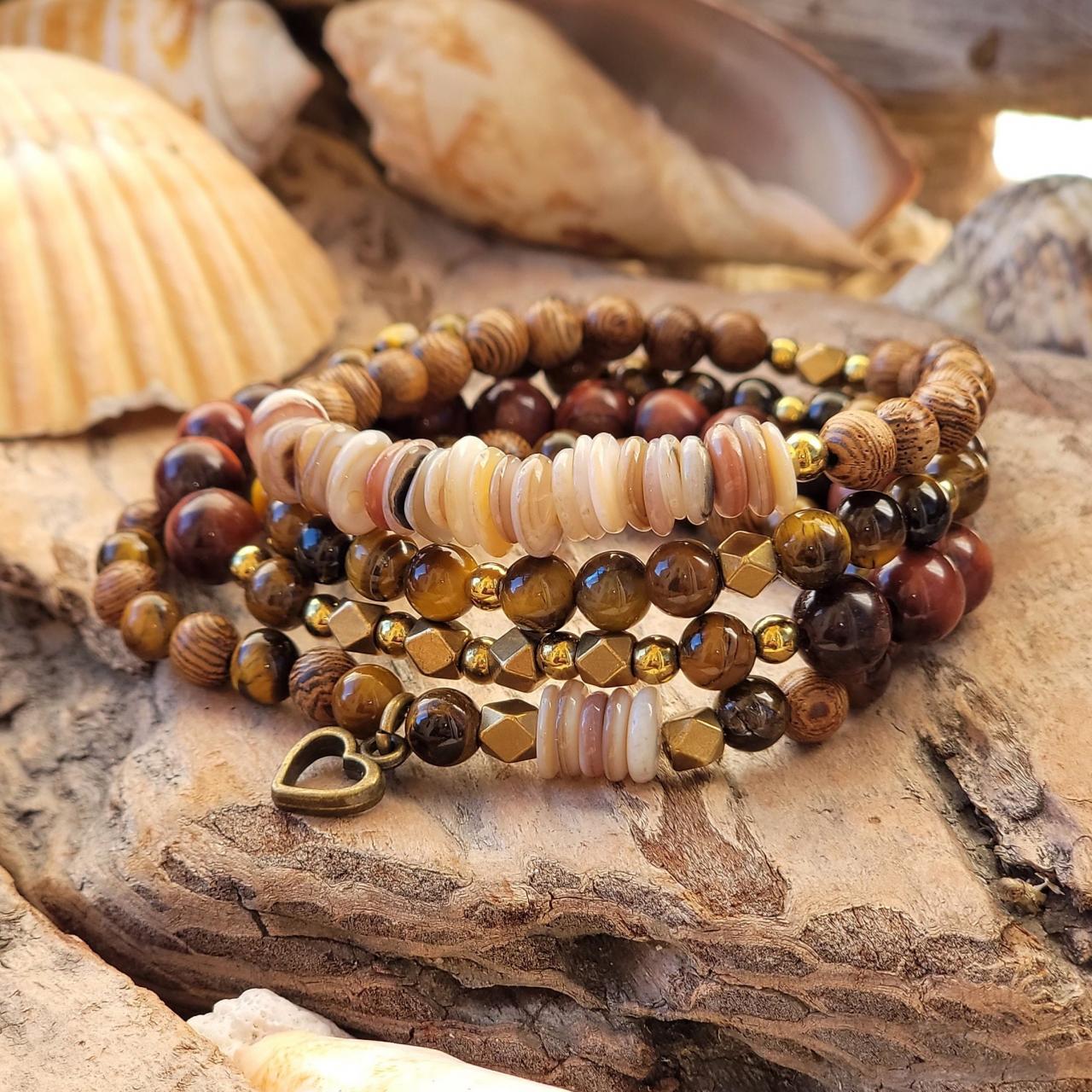 Tiger's Eye, Hematite, Sea Shell And Wood Beads