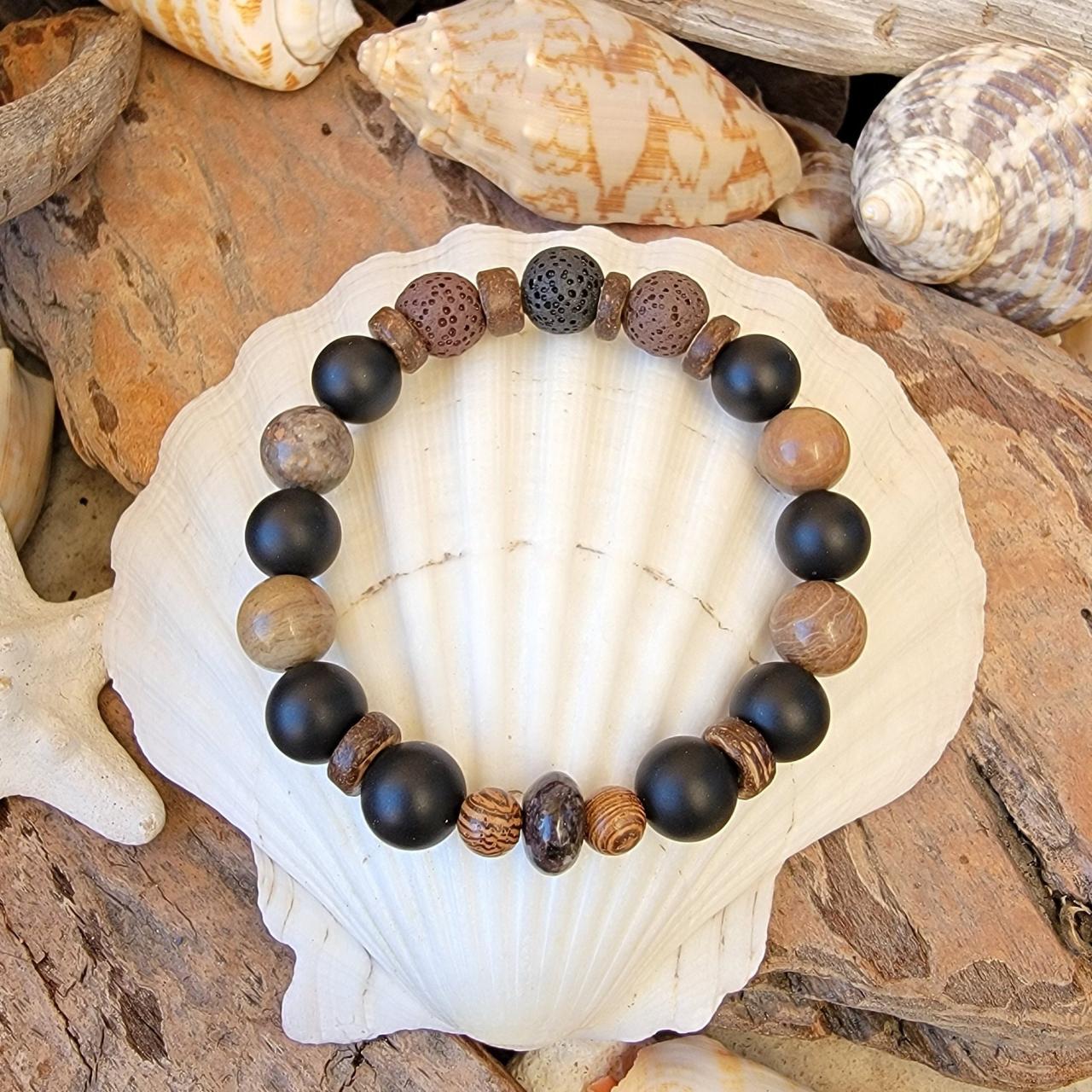 Onyx, Jasper, Lepidolite And Lava Stone Natural Healing Gemstone Bracelet