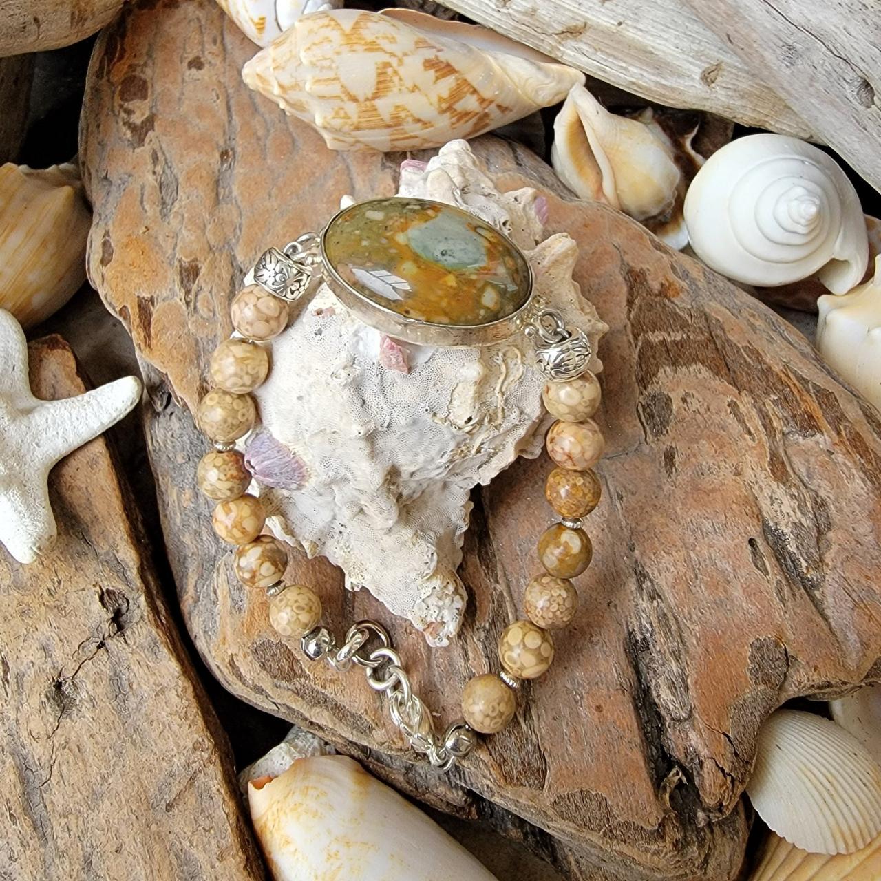 Fossil Crinoid And Ocean Jasper Natural Healing Gemstone Bracelet