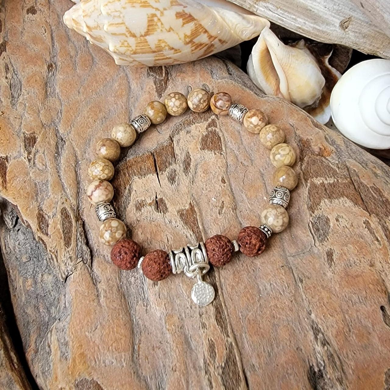 Fossil Crinoid Natural Healing Gemstone Bracelet With Lava Stone And Moon Charm