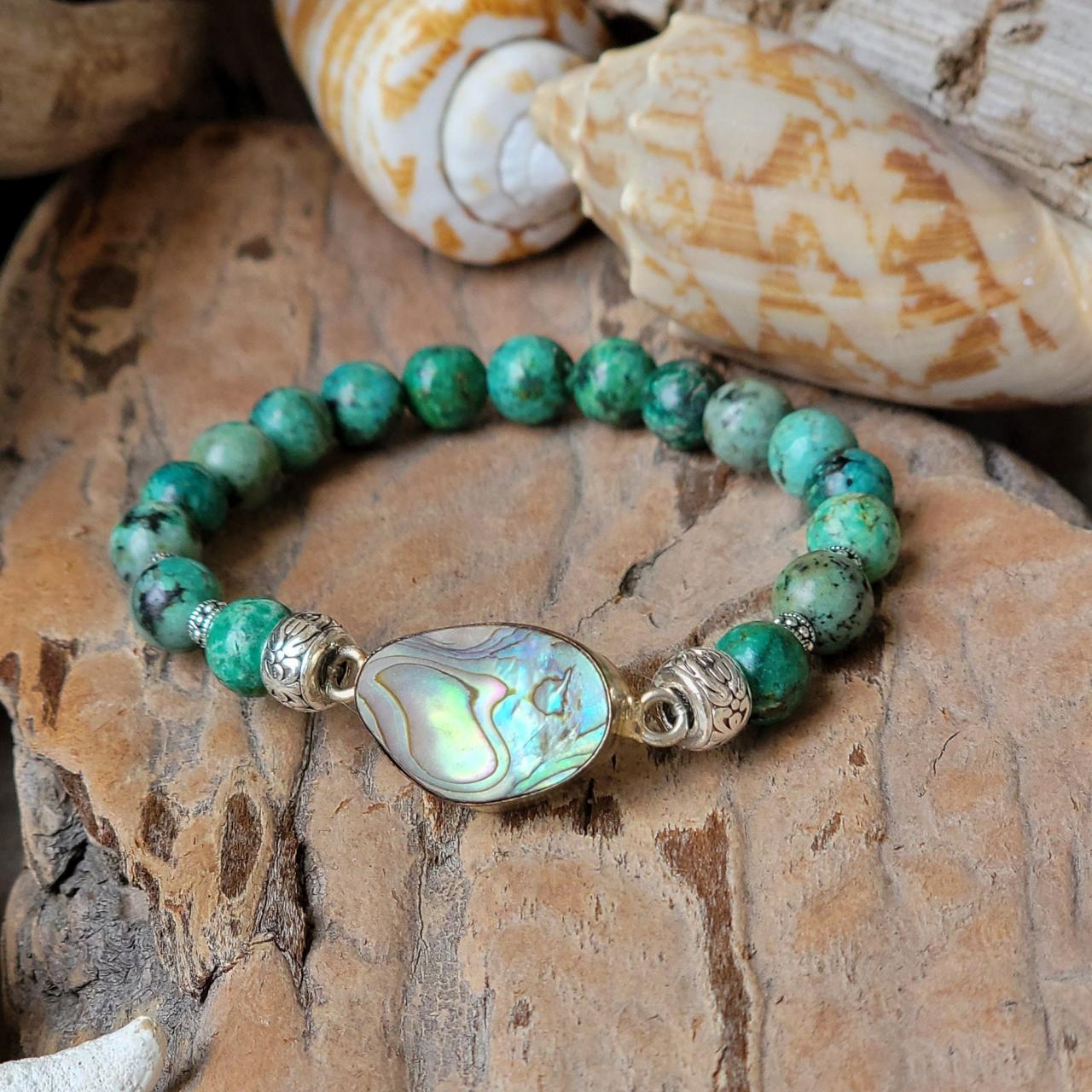 African Turquoise Natural Healing Gemstone Bracelet With Abalone Shell Bead