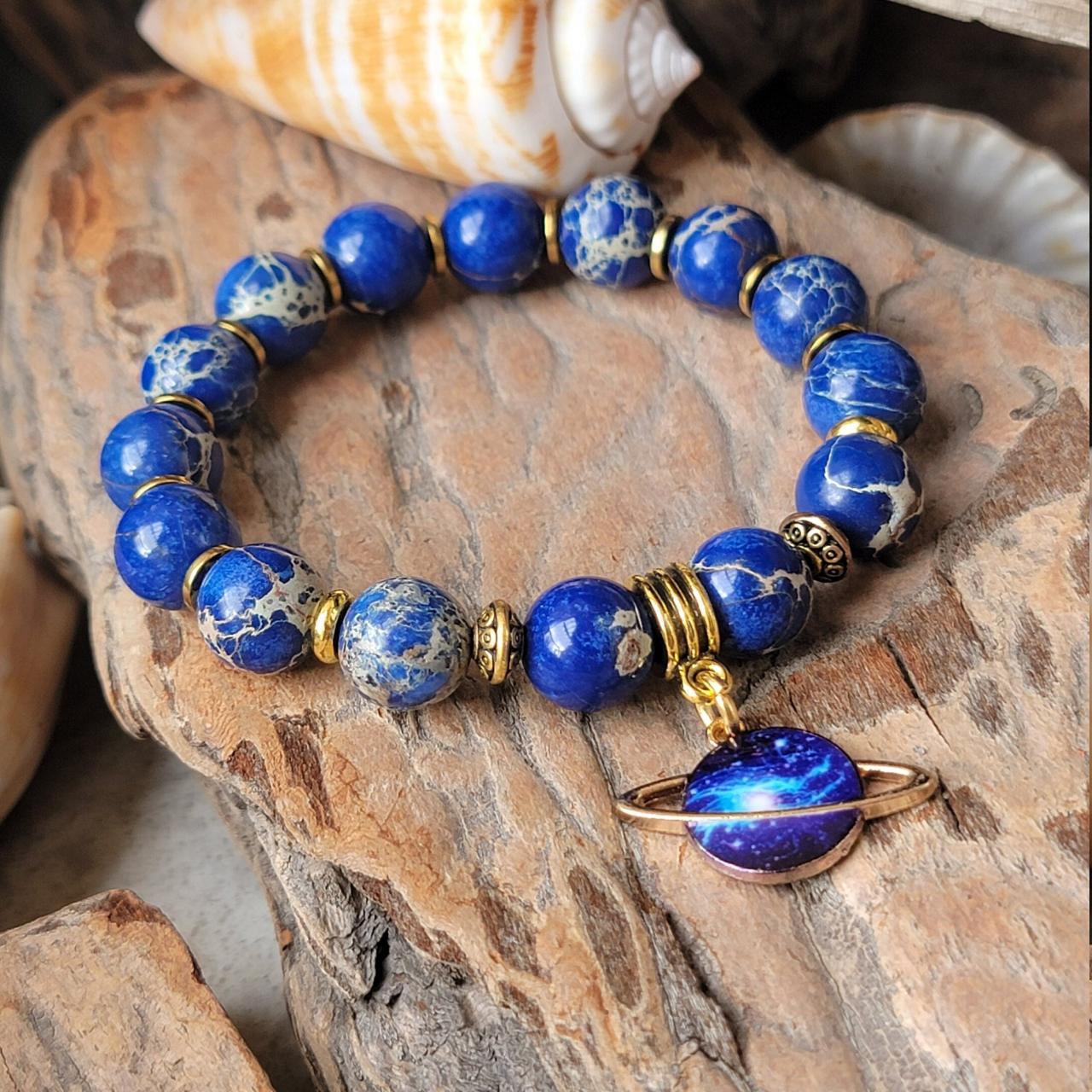 Blue Sea Sediment Jasper Natural Healing Gemstone Bracelet With Planet Charm