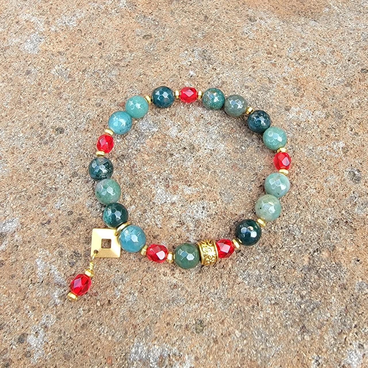 Green Moss Agate Natural Healing Gemstone Bracelet With Red Glass Beads