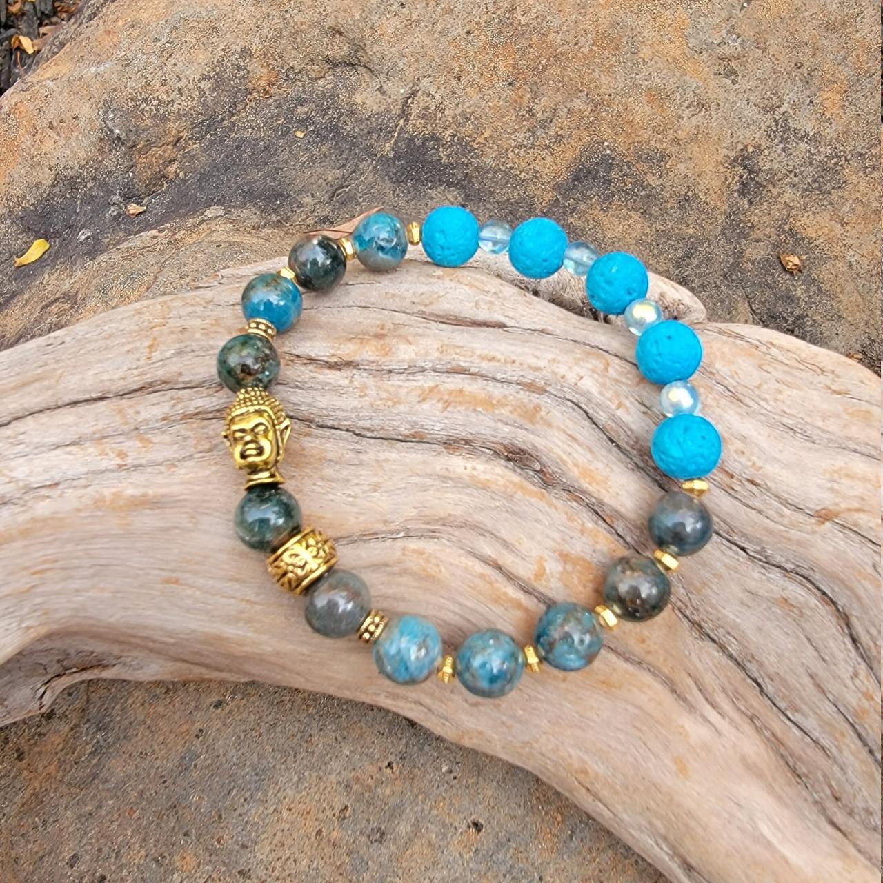 Apatite Natural Healing Gemstone Bracelet With Buddha Head Bead, Lava Stones And Czech Glass Beads