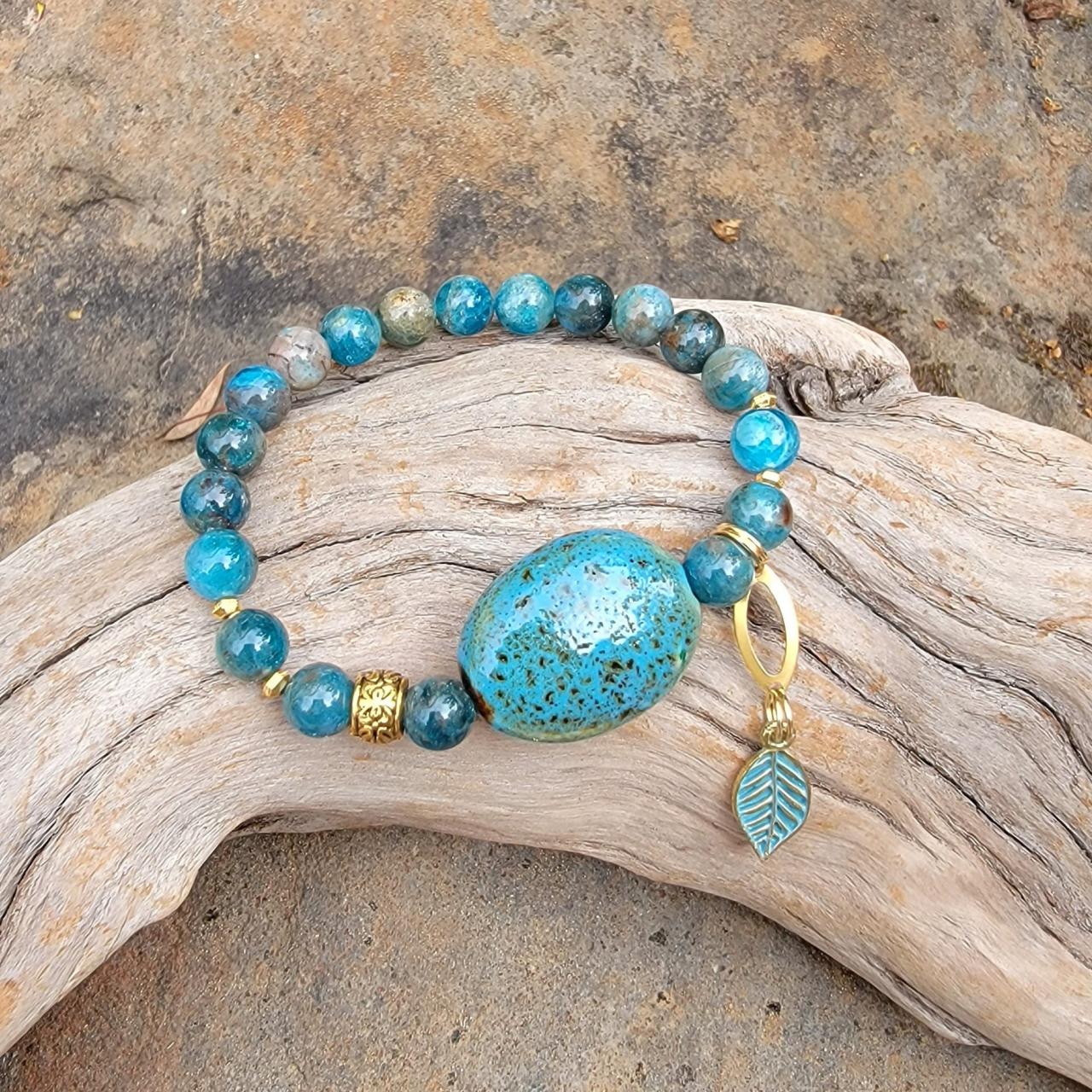 Apatite Natural Healing Gemstone Bracelet With Large Ceramic Bead And Leaf Charm