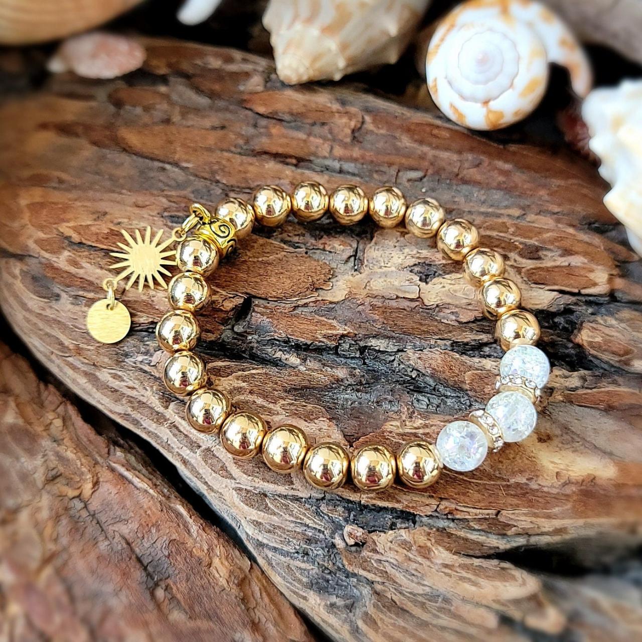 Rainbow Crystal Crackle Quartz Natural Healing Gemstone Bracelet With Swarovski Crystals And Gold Plated Beads