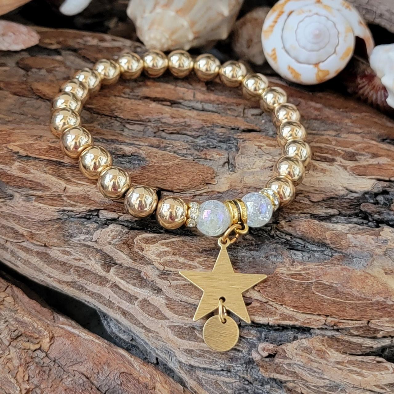 Rainbow Crystal Crackle Quartz Natural Healing Gemstone Bracelet With Swarovski Crystals, Gold Plated Beads And Star Charm