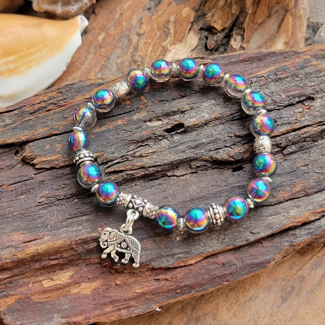 Titanium Silver Rainbow Quartz Natural Healing Gemstone Bracelet With Elephant Charm