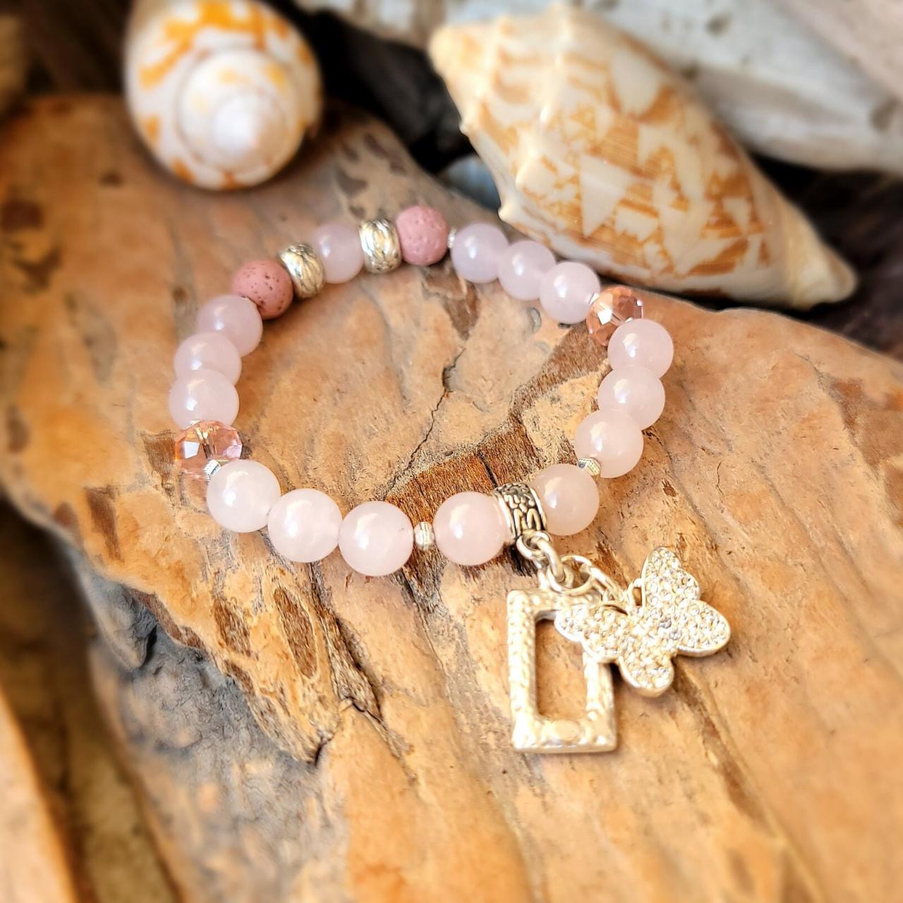 Rose Quartz And Lava Stone Natural Healing Gemstone Bracelet With Butterfly And Rectangle Charms And Large Swarovski Crystals