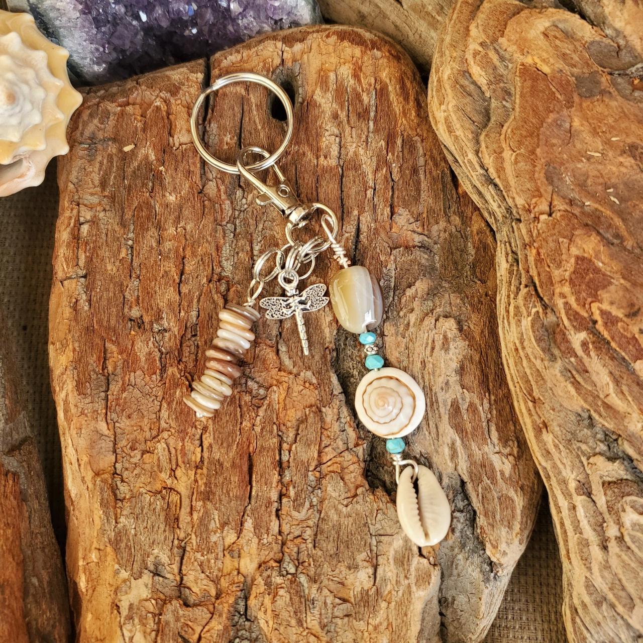 Botswana Agate Stone And Turquoise With Abalone Discs And Sea Shells, With Dragonfly Charm Keychain