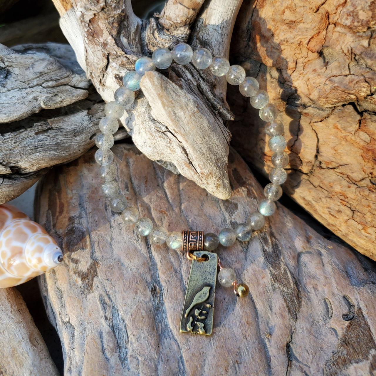 Labradorite Natural Healing Gemstone Bracelet With Antique Gold Bird Charm