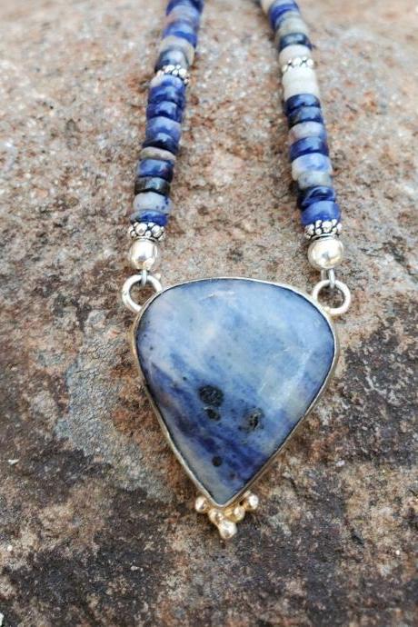 Sodalite Natural Healing Gemstone Necklace with Large Sterling Silver Sodalite Pendant