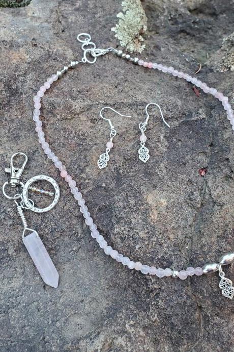 Rose Quartz Natural Healing Gemstone Necklace and Keychain SET with ALL Sterling Silver Charms and Beads