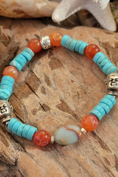 Turquoise, Red Dragon Vein Agate and Serpentine Natural Healing Gemstone Bracelet