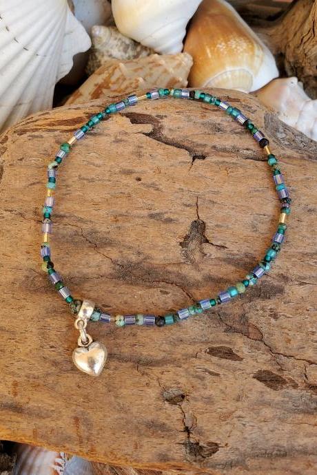 ANKLET Natural Healing Ankle Bracelet with Mixed Czech Glass Crystals and Heart Charm