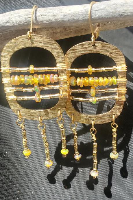 Ethiopian Opal Natural Gemstone Healing Earrings with Gold Filled, Lever Back Wires and Brushed Brass Ovals
