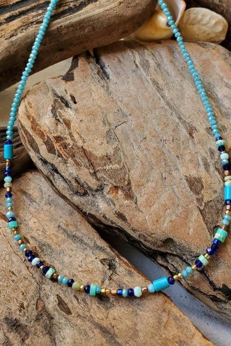 Turquoise, Amazonite, Impression Jasper Natural Healing Gemstone Necklace 18 inches long 