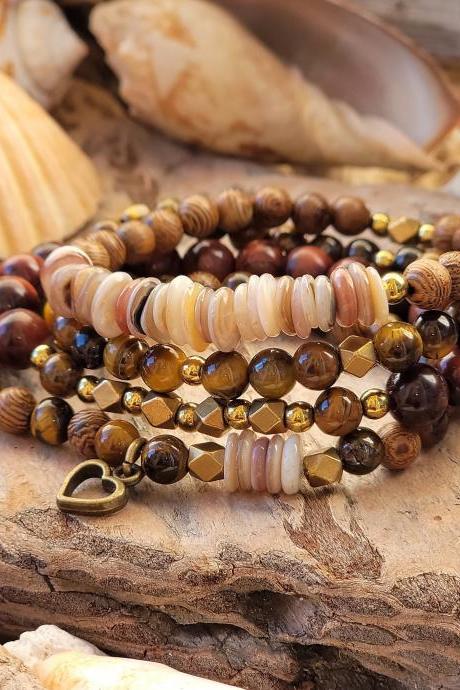 Tiger's Eye, Hematite, Sea Shell and Wood Beads 