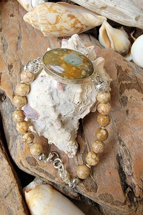 Fossil Crinoid and Ocean Jasper Natural Healing Gemstone Bracelet 