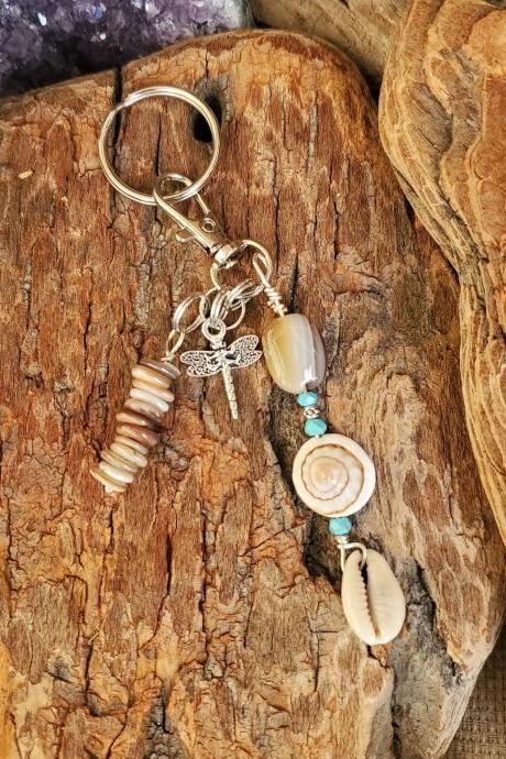 Botswana Agate Stone and Turquoise with Abalone Discs and Sea Shells, with Dragonfly Charm KEYCHAIN 